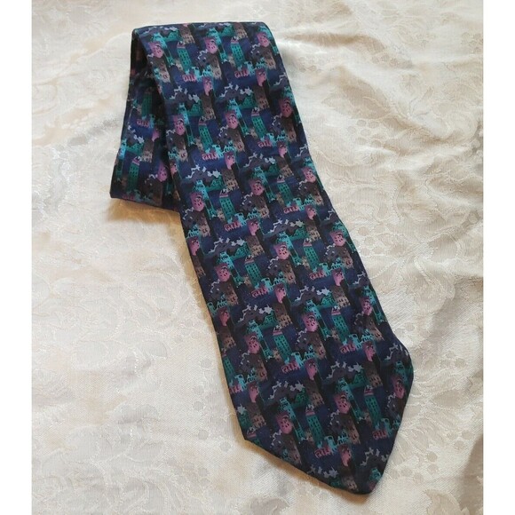Museum Artifacts All Silk Tie Buildings Abstract Blue Purple Green Handmade - Picture 8 of 8